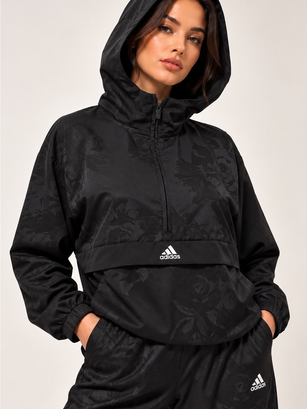adidas Black Hooded Pullover with Subtle Floral Jacquard